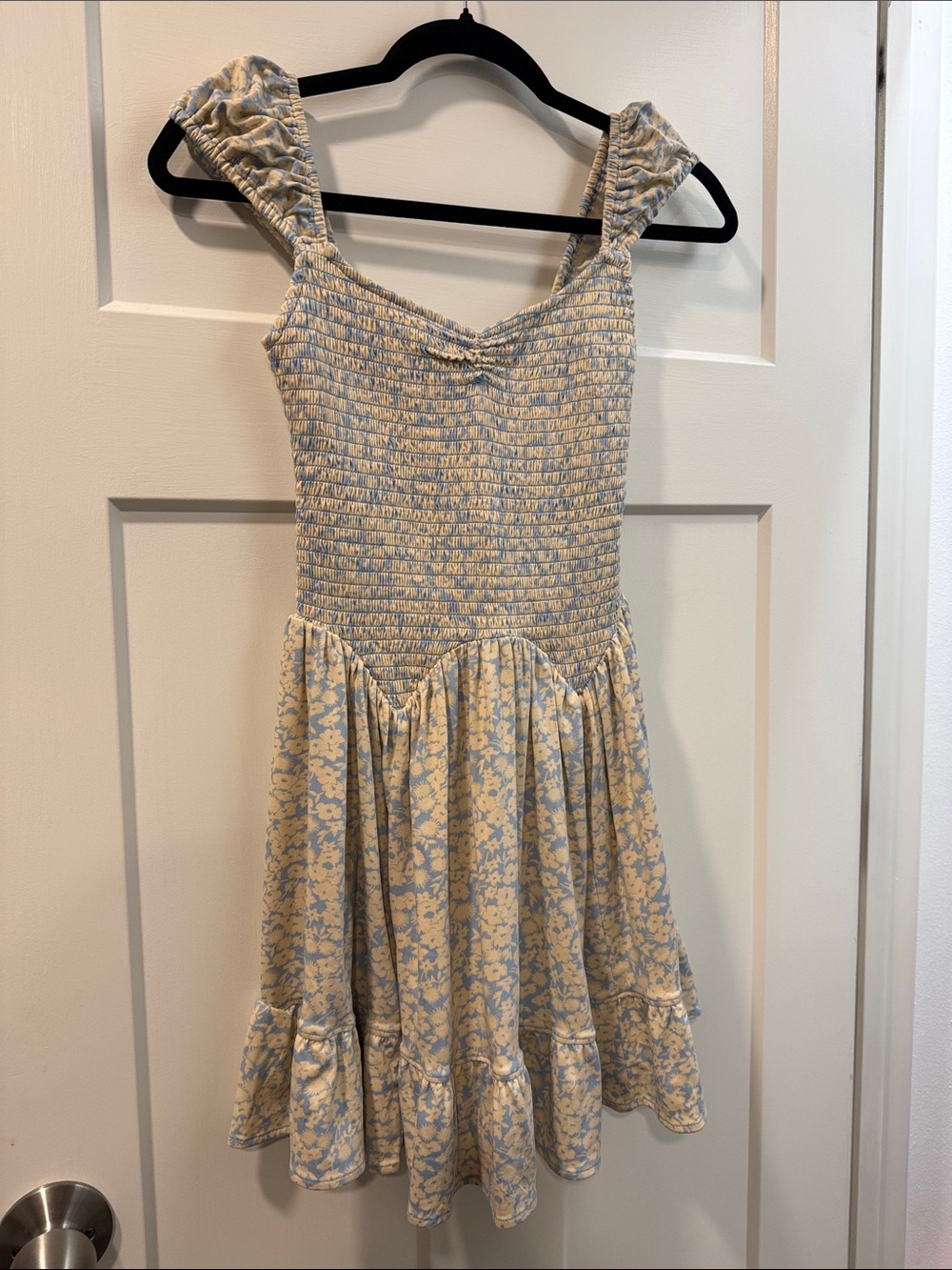 Urban Outfitters Blue and Cream Floral Smocked Mini Dress